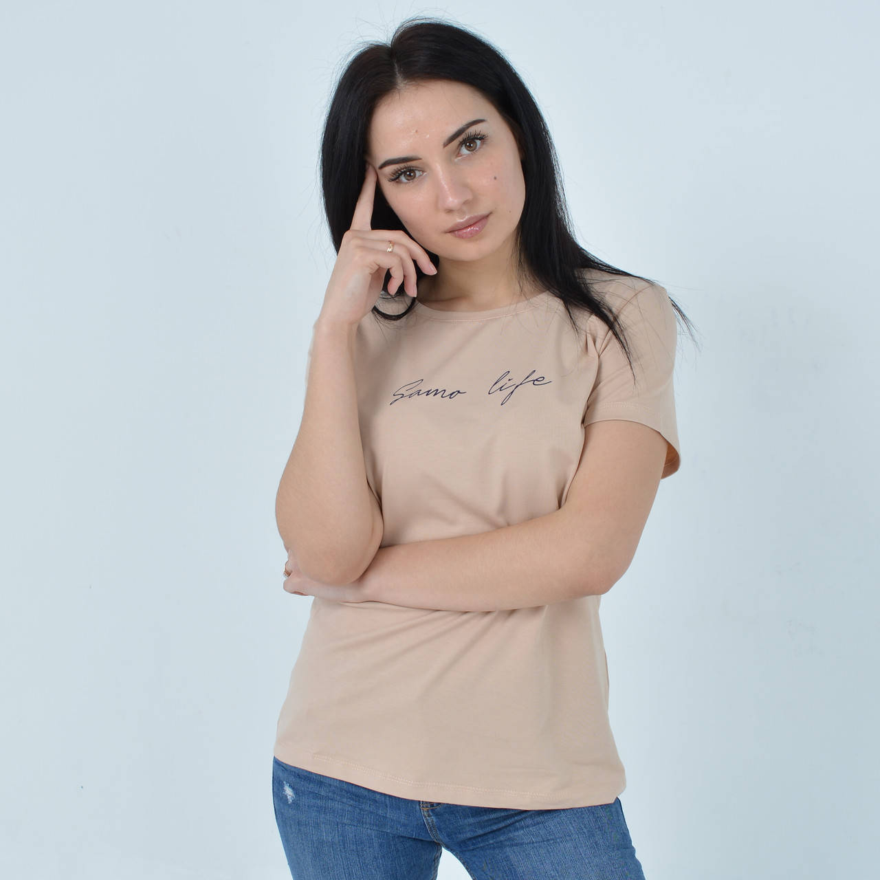 

Футболка женская базовая / Samo - Узбекистан / стрейч-котон, бежевая, Бежевый