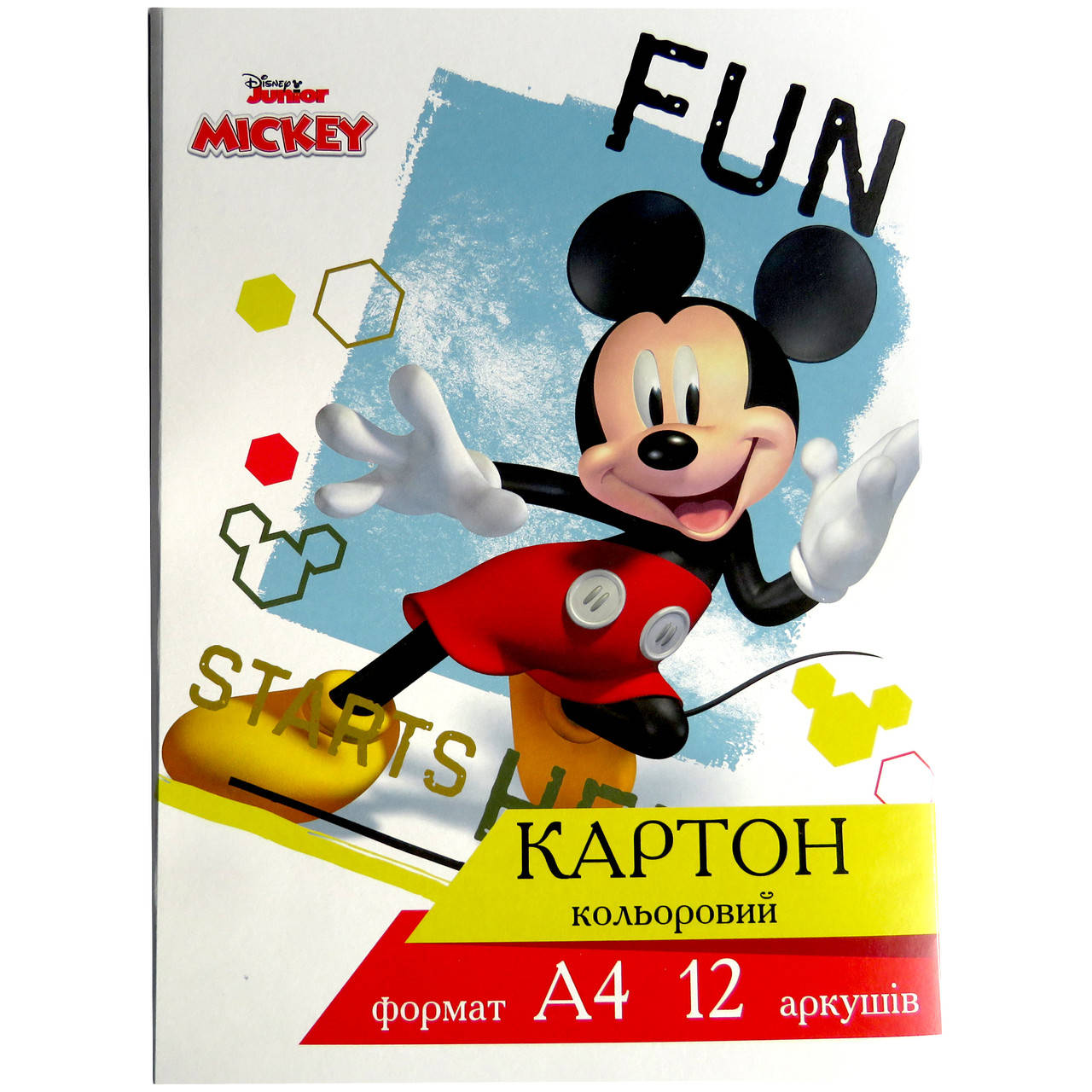 

Кольоровий картон А4, 12 аркушів, Тетрада Міккі Маус