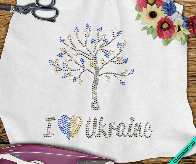 

Термонаклейки из страз на велюр I Love Ukraine (Стекло,3мм-жел.,3мм-бенз.,3мм-син.)