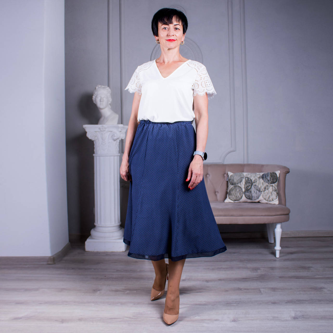 

Женская летняя юбка годе №8 синяя с красным