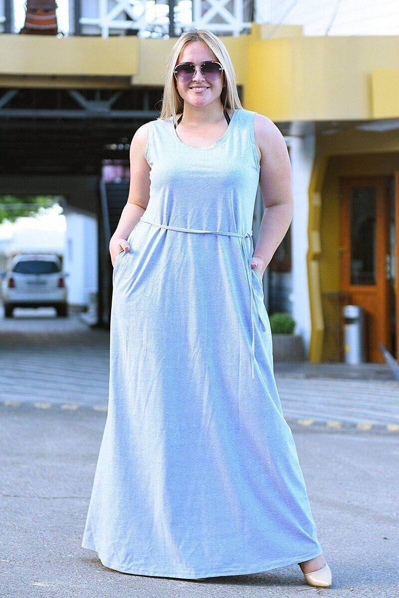 

Женское платье макси в пол с пояском футболочный трикотаж 52