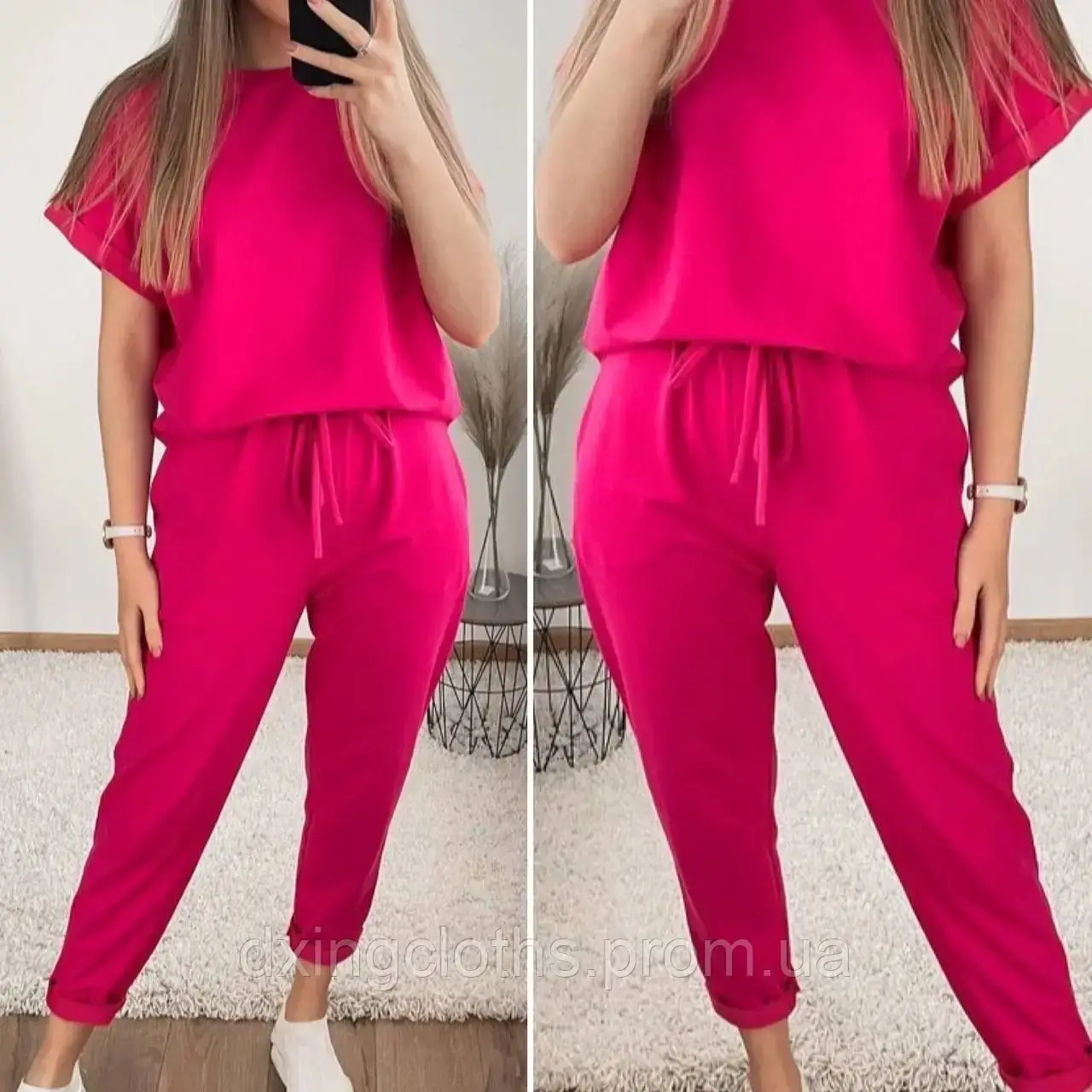 

Женский летний костюм двойка, женский костюм футболка и брюки малиновый