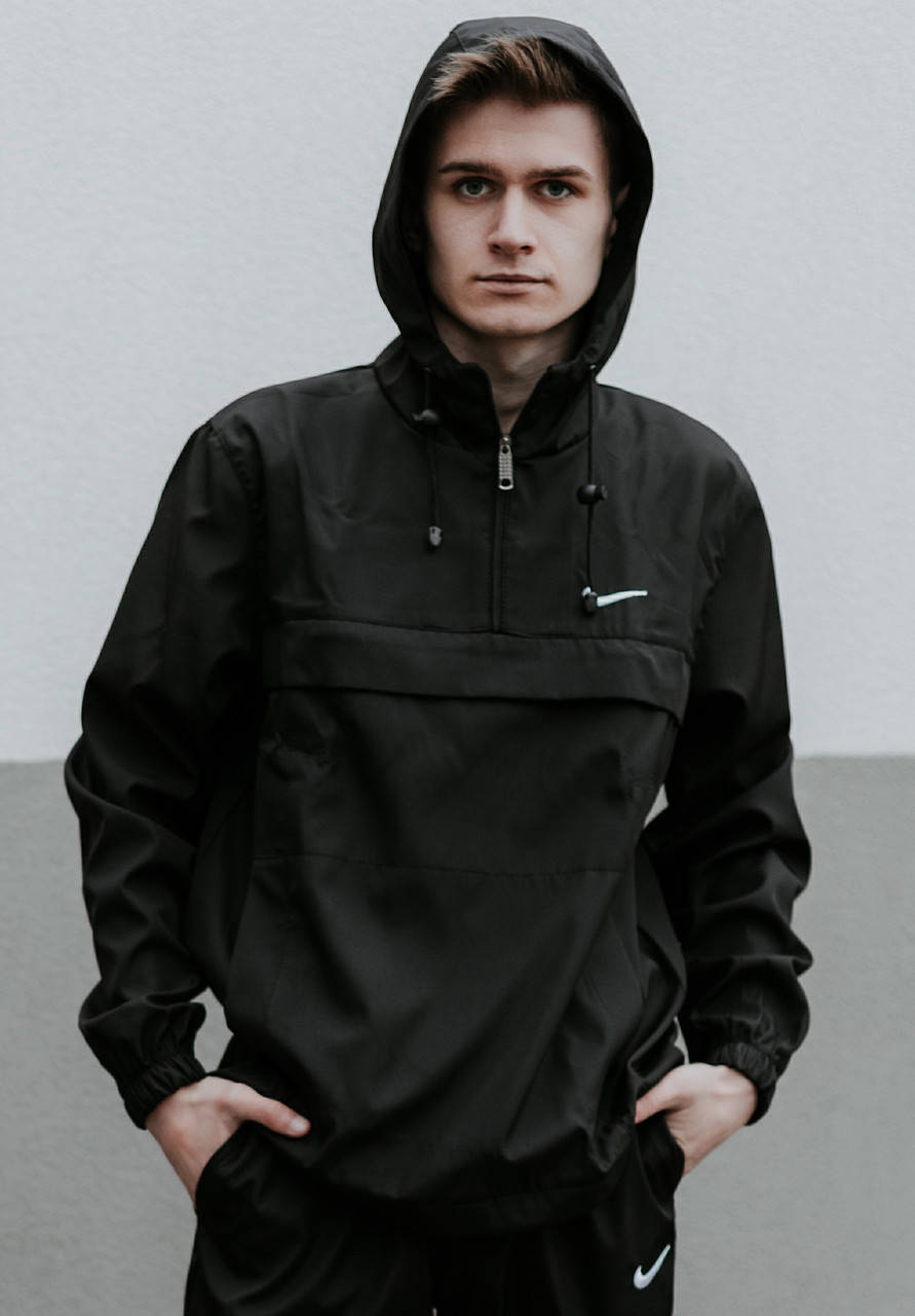 

Мужская молодежная спортивная куртка анорак Nike с капюшоном черная из плащевки
