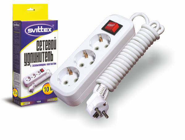 

Удлинитель 10м "SVITTEX " 2500Вт 220В 16А (заземление/выключатель)