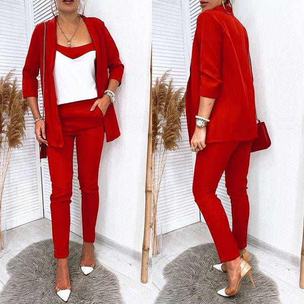 

Модный стильный красивый деловой женский брючный костюм тройка с удлиненным пиджаком