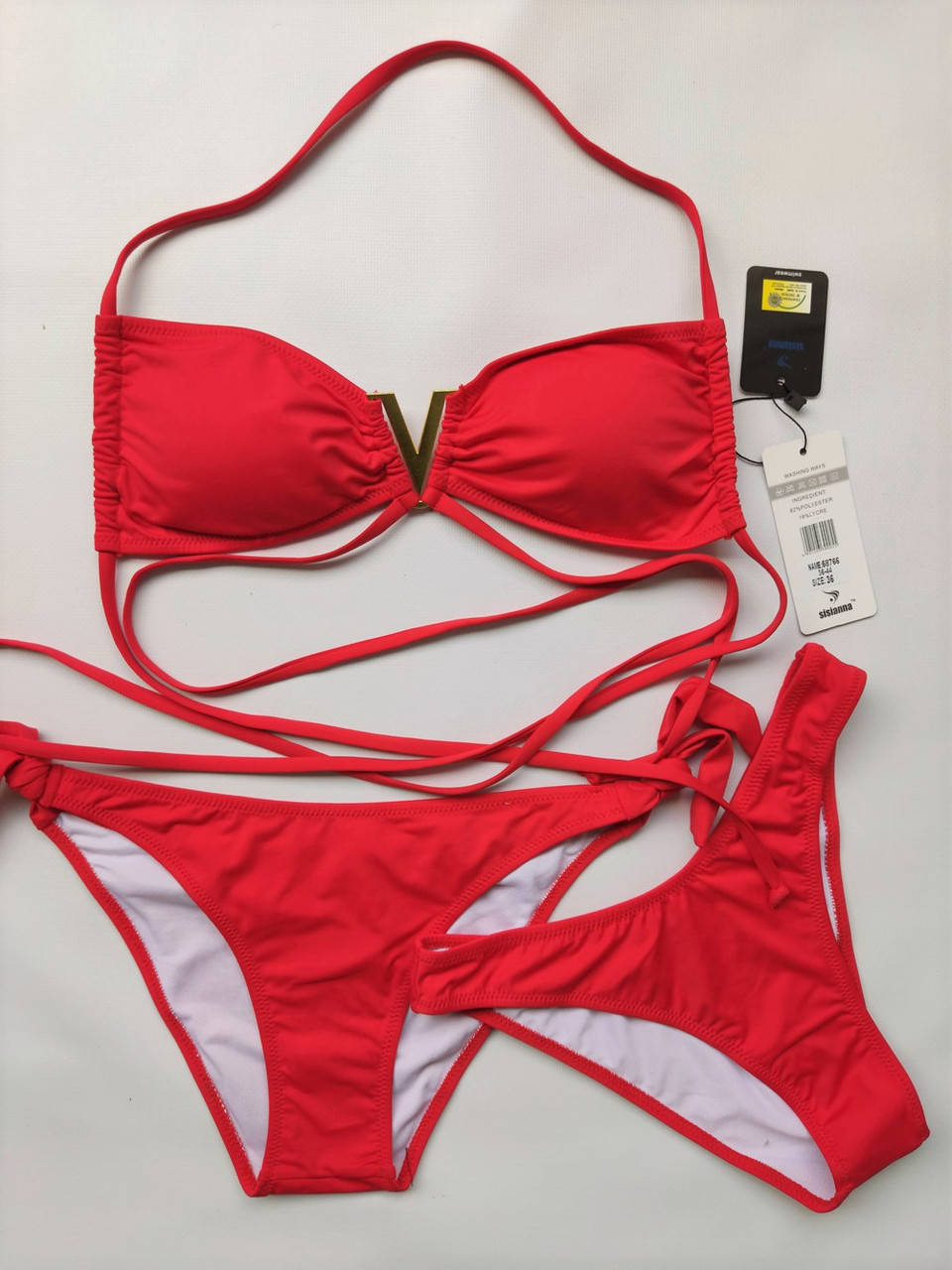 

Купальник шторки бандо двое плавок Sisianna 58766 красный на 42 44 46 48 50 размер