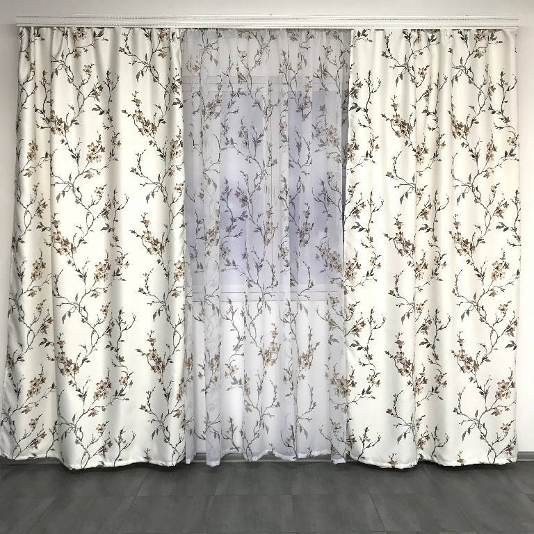 

Готовые атласные шторы с тюлю. Шторы 150x270 + тюль 400x270, Молочный