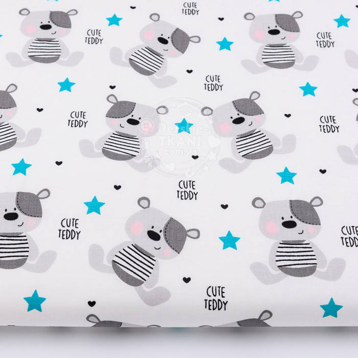 

Ткань бязь с серыми мишками и голубыми звёздами "Cute Teddy" №753а