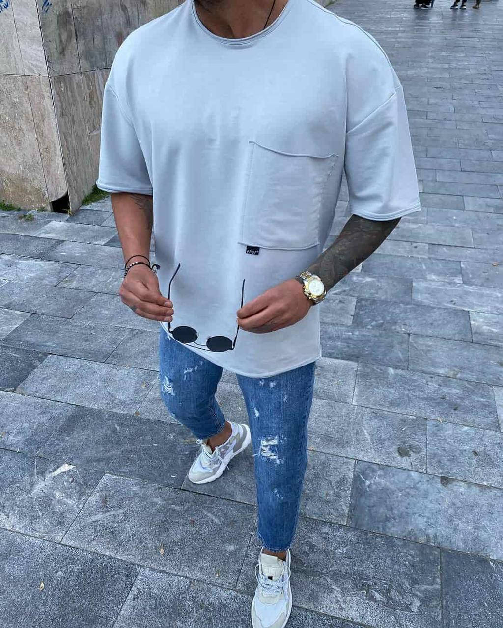 

Мужская белая футболка с карманом, оверсайз, Турция M