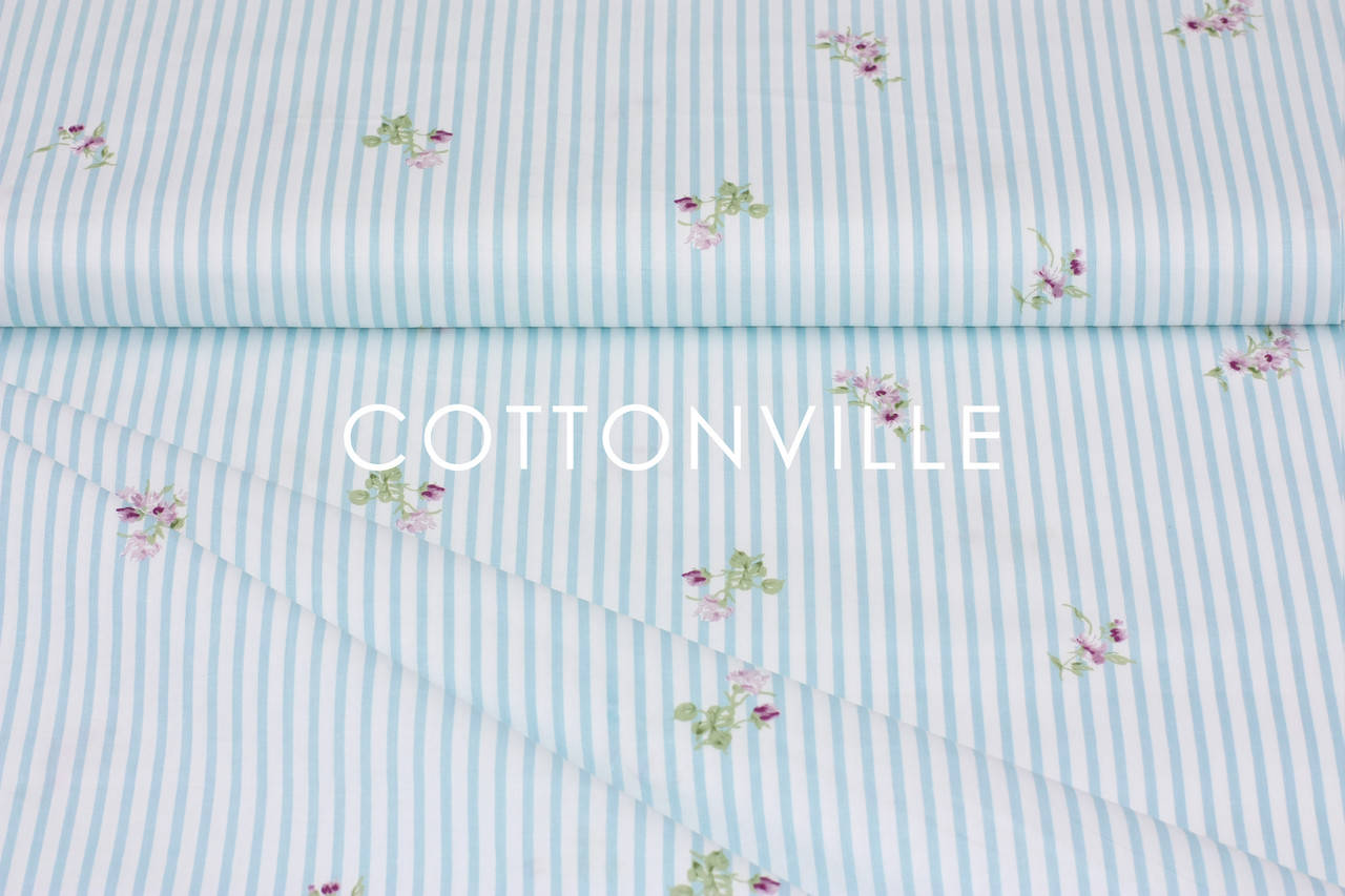 

Сатин-твил Розочки на голубых полосках, Голубой