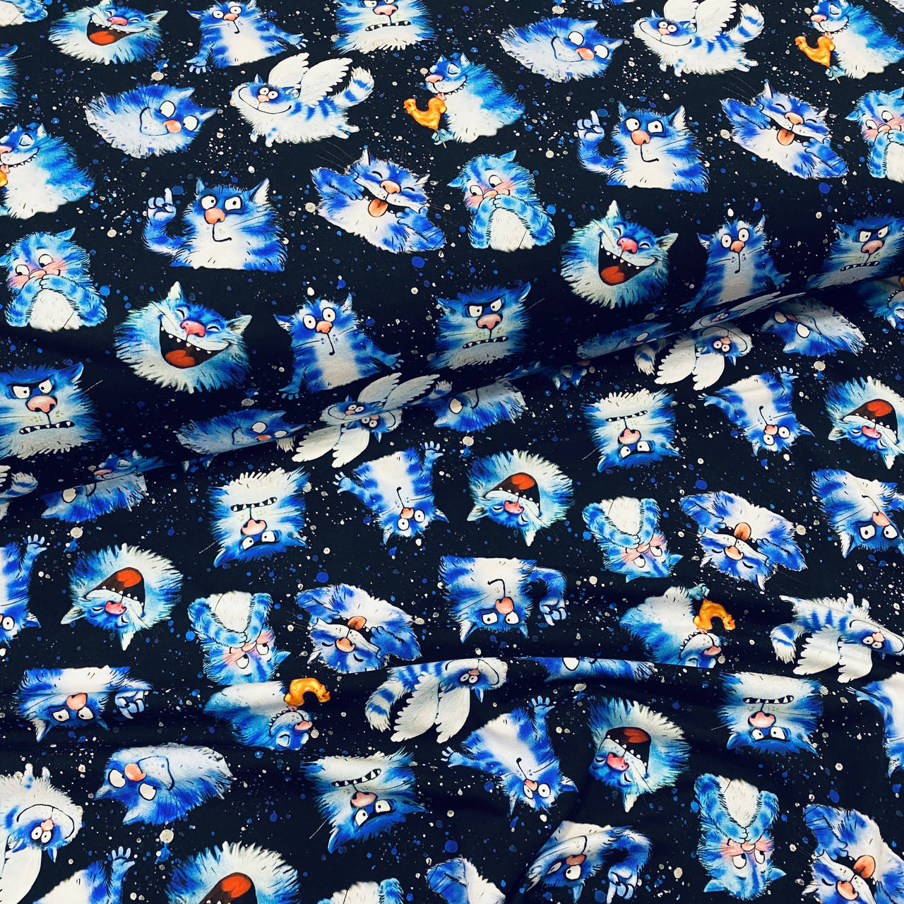 

Стрейч кулир Коты синие Состав 95% хлопок 5% эластан для футболок шортиков платьев лосин, Синий