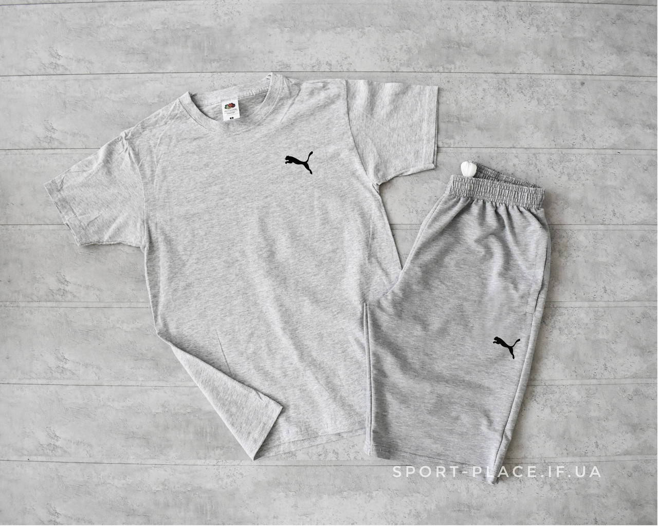 

Летний комплект шорты и футболка Puma (Пума) (серая футболка , светло серые шорты) маленький логотип, Серый
