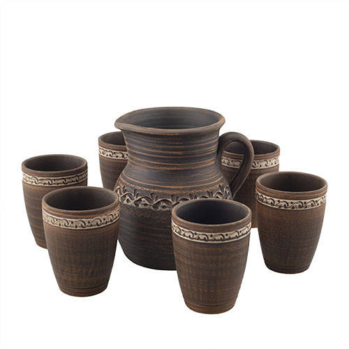 

Набор глиняной посуды для напитков 7 предметов, (Кувшин 1,5 л, стакан 0,2 л) KR2023, Коричневый