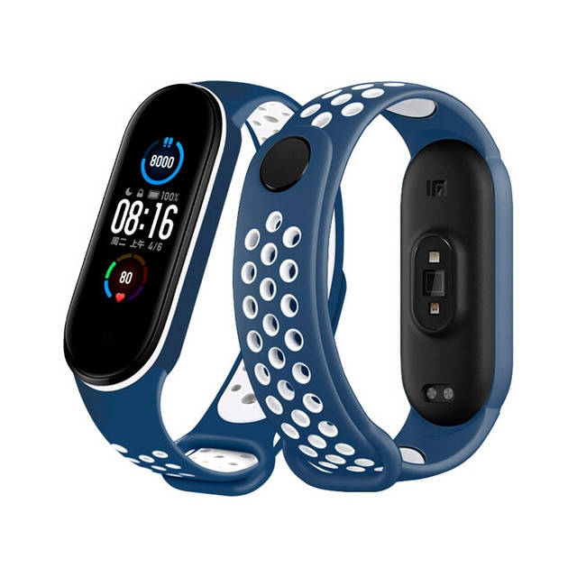 

Силиконовый ремешок для фитнес браслета Xiaomi Mi Smart Band 5 6 Blue White Sport Синий Белый Спортивный