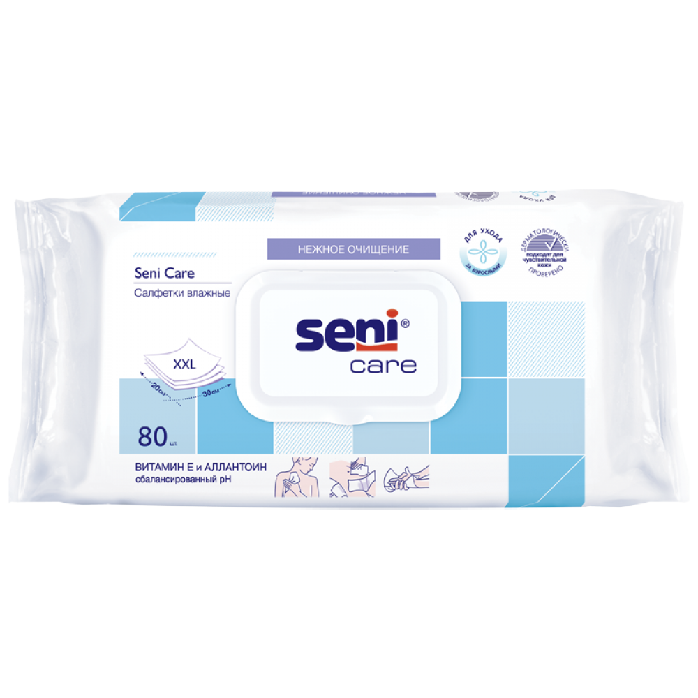 

Влажные салфетки (большие 30x20) для ухода за кожей Seni Care 80 шт. С витамином Е