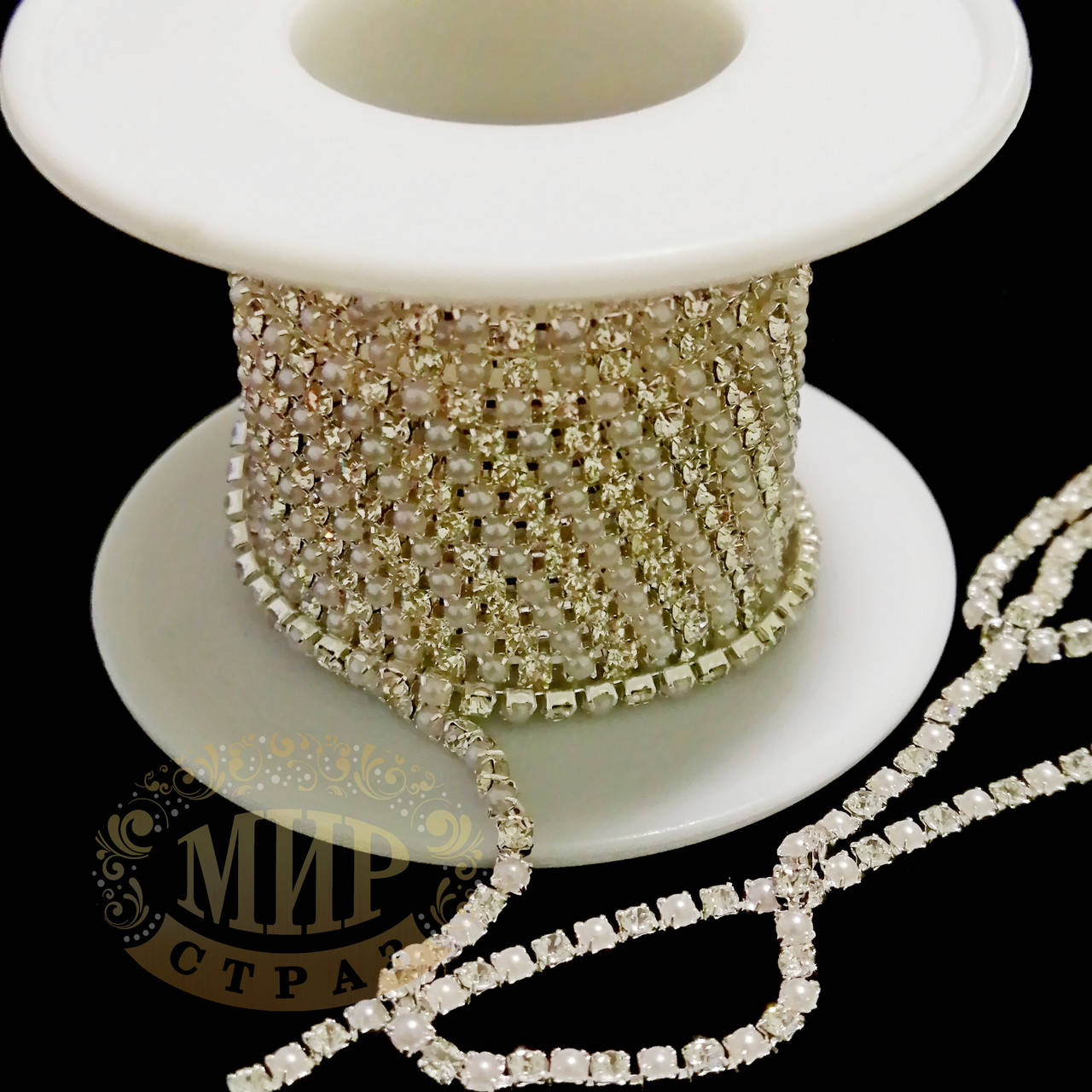 

Стразовая цепочка, цвет Crystal+White Pearl, ss6 (2mm), металл серебро, 1м