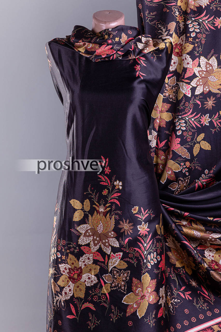 

Ткань атлас тонкий стрейч - черный с крупным цветочным принтом, двусторонний купон