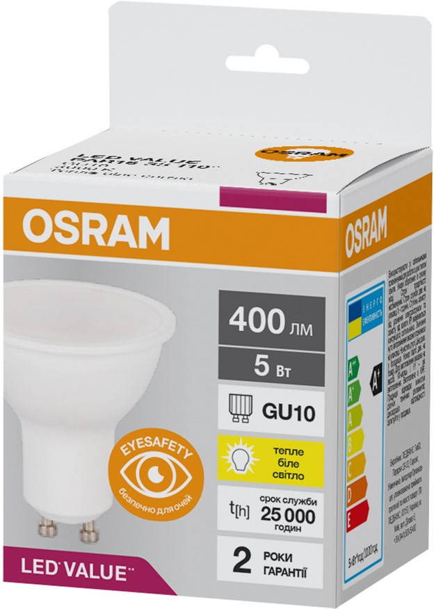 

Лампа светодиодная GU10, 5W, 220-240V, 400lm, 3000К, 110° Osram [4058075689510] Осрам led par16 35 5w/830 230v