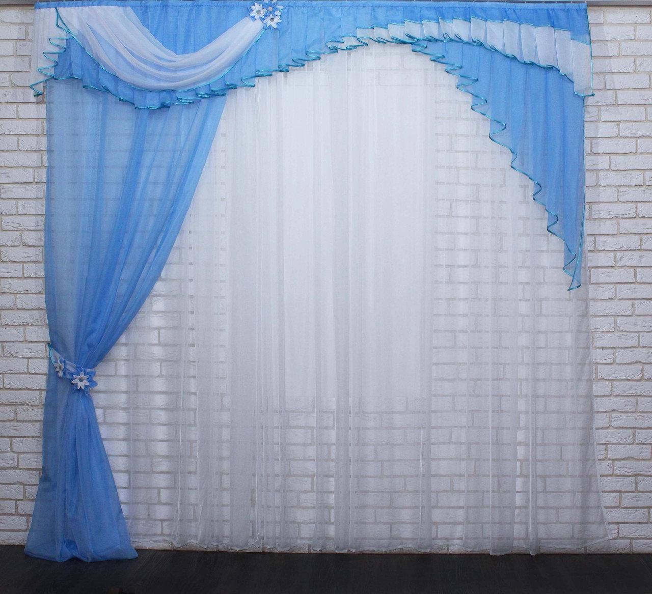 

Ламбрекен с шторкой из шифона. Модель №111 Колір голубий с білим