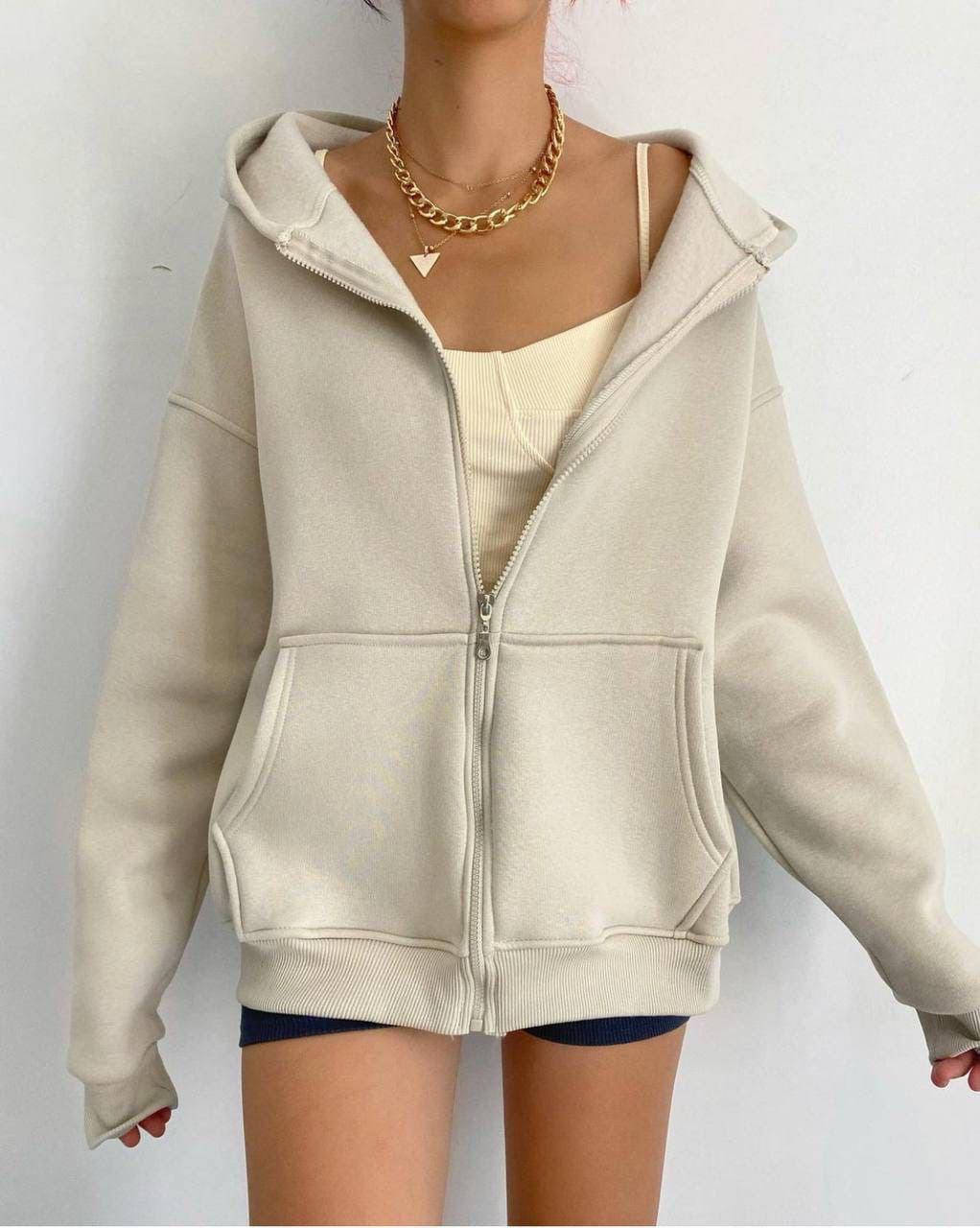 

Женское оверсайз худи на молнии с капюшоном, в расцветках Молочный, 42/44