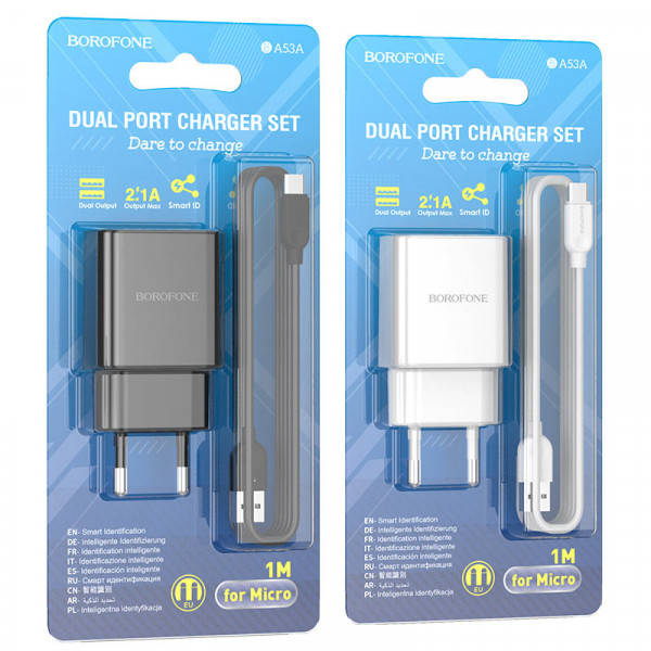 

Зарядное устройство с кабелем Micro BOROFONE BA53A Powerway 2USB 2.1A, Белый