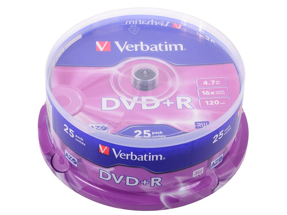 

Диск (c25) DVD+R VERBATIM /4,7Gb//16x/CakeBox 25pcs Silver (43500)