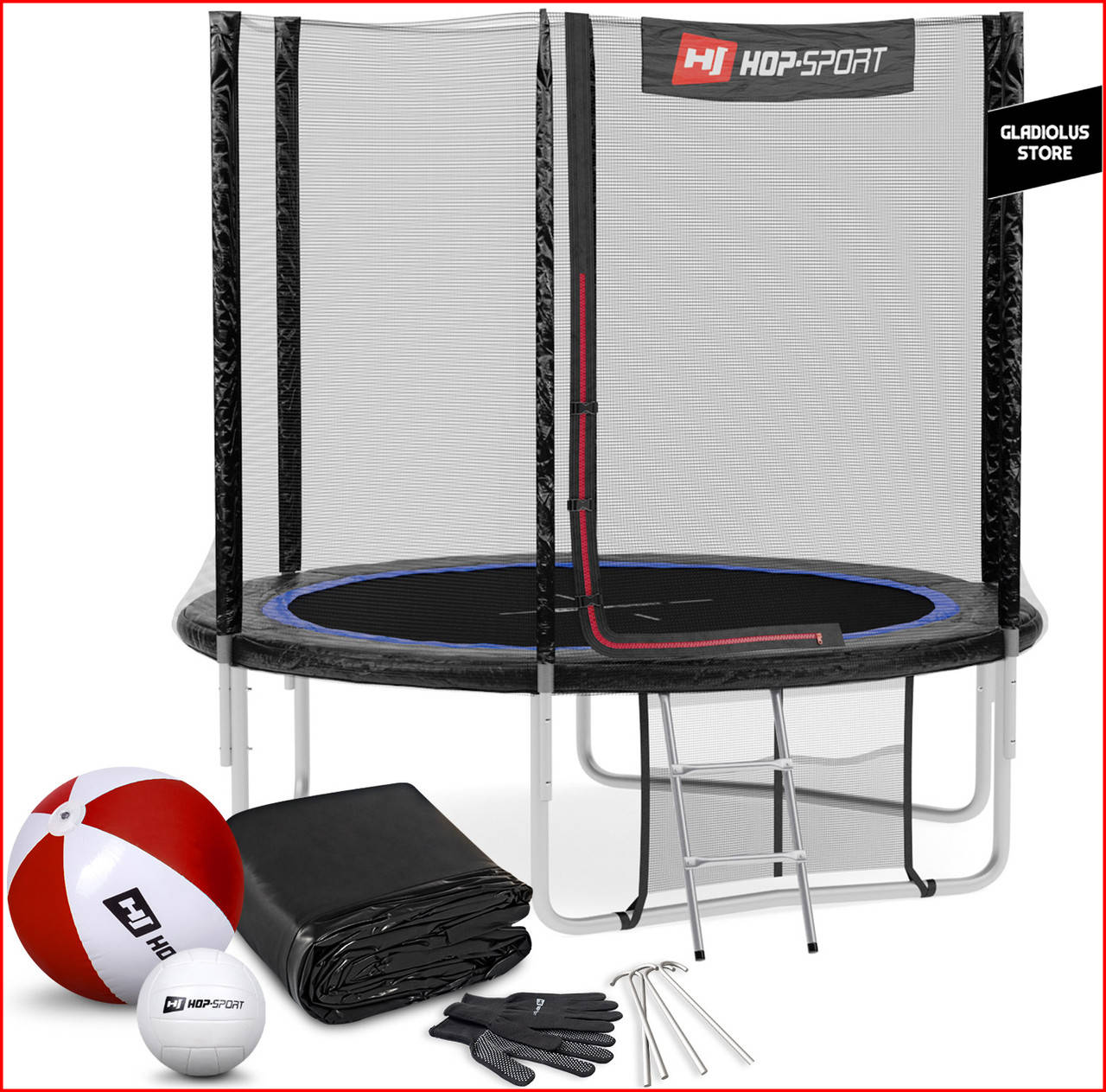 

Батут детский Hop-Sport 244 см (8 ft) (черно-синий) с Внешней сеткой Лесенкой + 2 мяча и чехлы в Подарок!