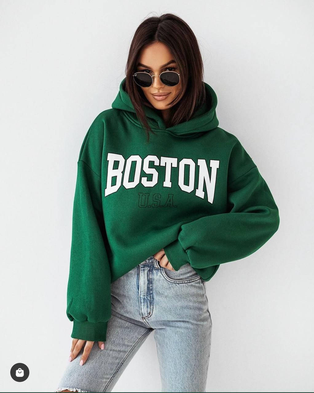 

Свободное удлиненное худи с надписью BOSTON, тёплое, белый, зелёный, бежевый