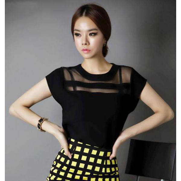 

Шифоновая летняя женская блузка короткий рукав M, черный