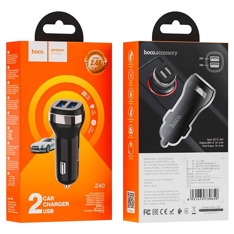 

Автомобильное зарядное устройство USB (АЗУ) Z40, hoco. (USB х 2, 2.4A), Superion dual port