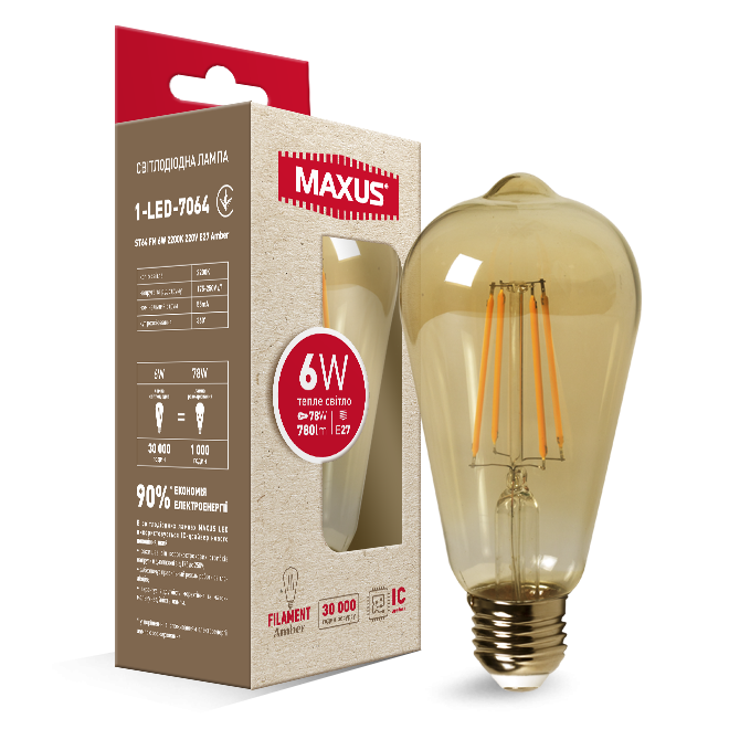 

Лампа светодиодная ST64 Maxus филамент 1-LED-7064 7W 2200K 220V E27