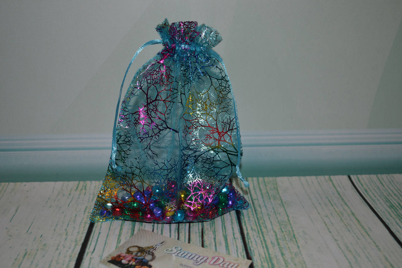 

Мешочек из органзы, 15х10см, голубой/паутинка