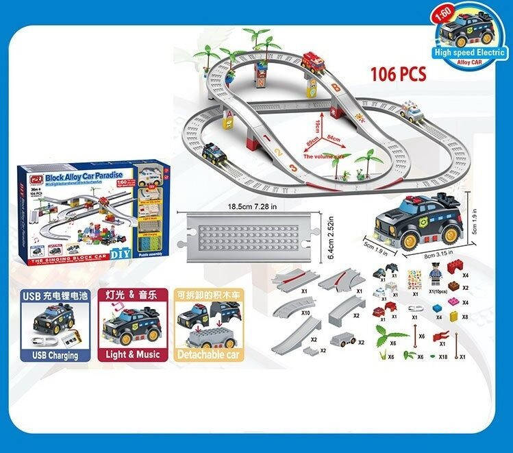 

Трек KD 533-5 машинка на аккумуляторе, 106 деталей, конструктор, декорации. Автотрек