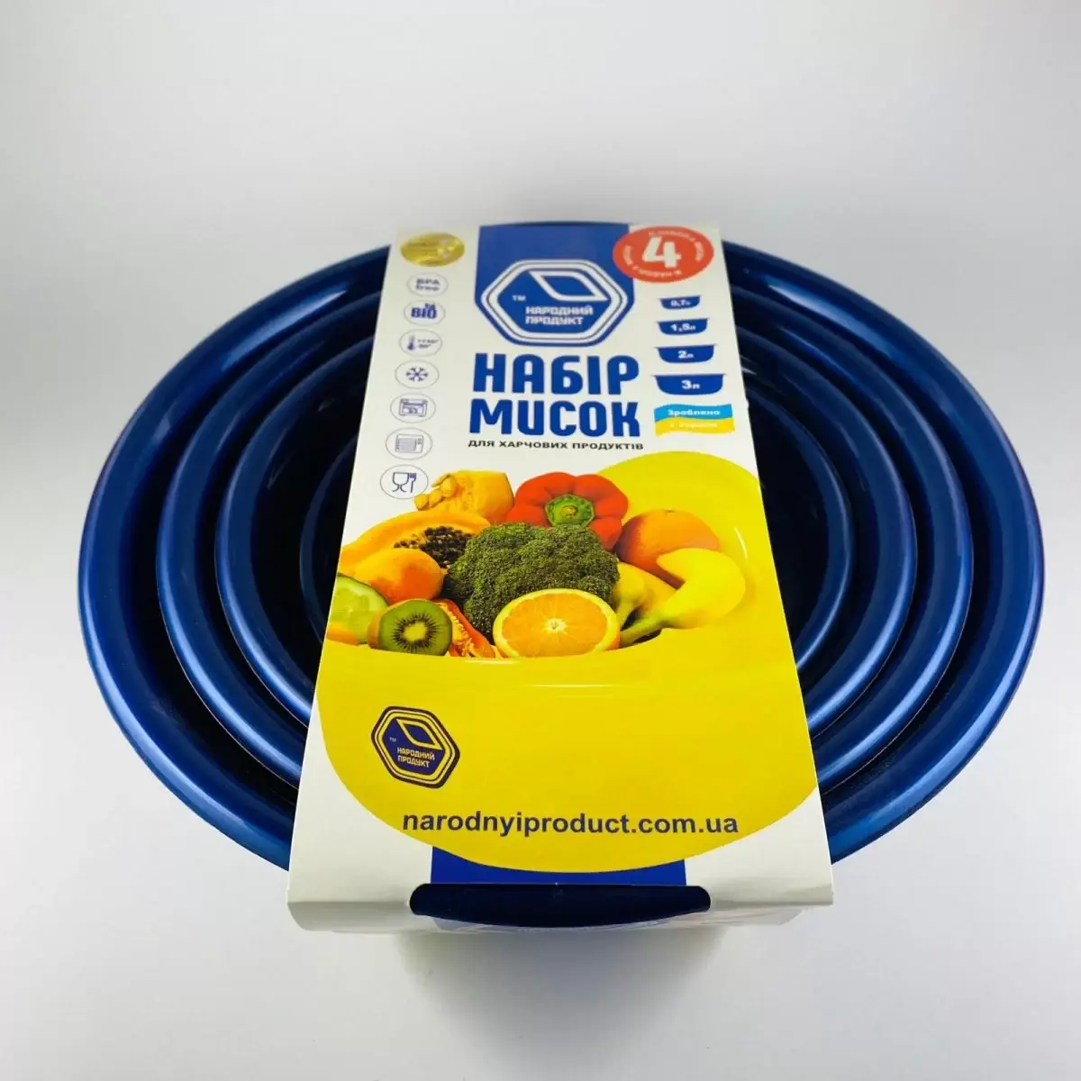 

74 - Набор мисок ТМ Народный продукт 0,7л+1,5л+2л+3л (12шт/ящ) синие, Синий