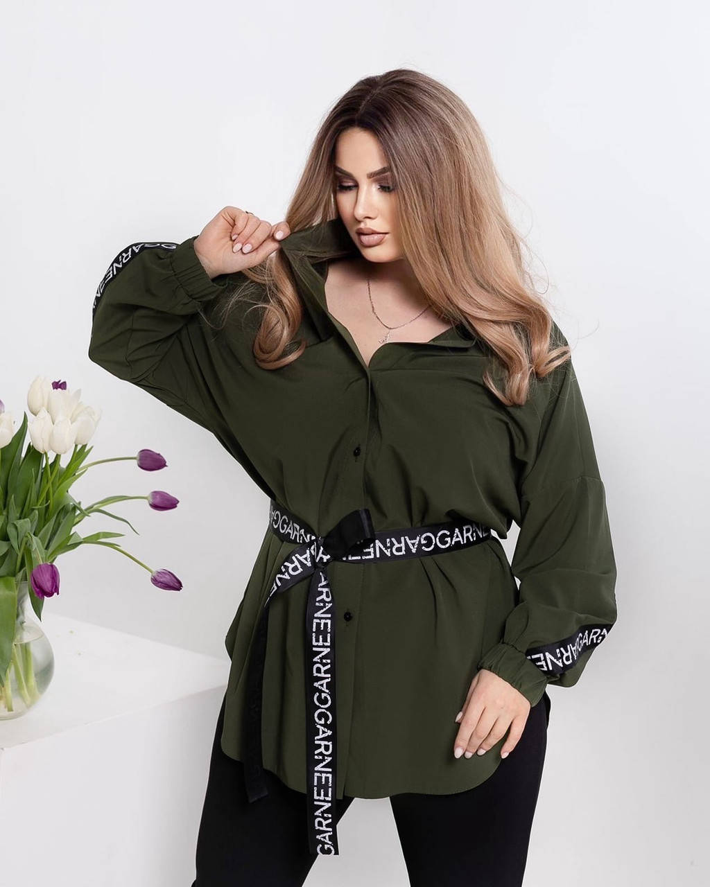 

Женская батальная блуза с надписями 62/64, Хаки