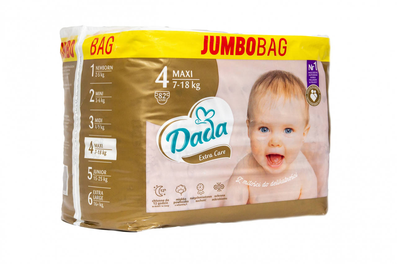 

Підгузки Dada Extra Care Jumbo Bag Розмір 4 Maxi, 7-18 кг, 82 шт