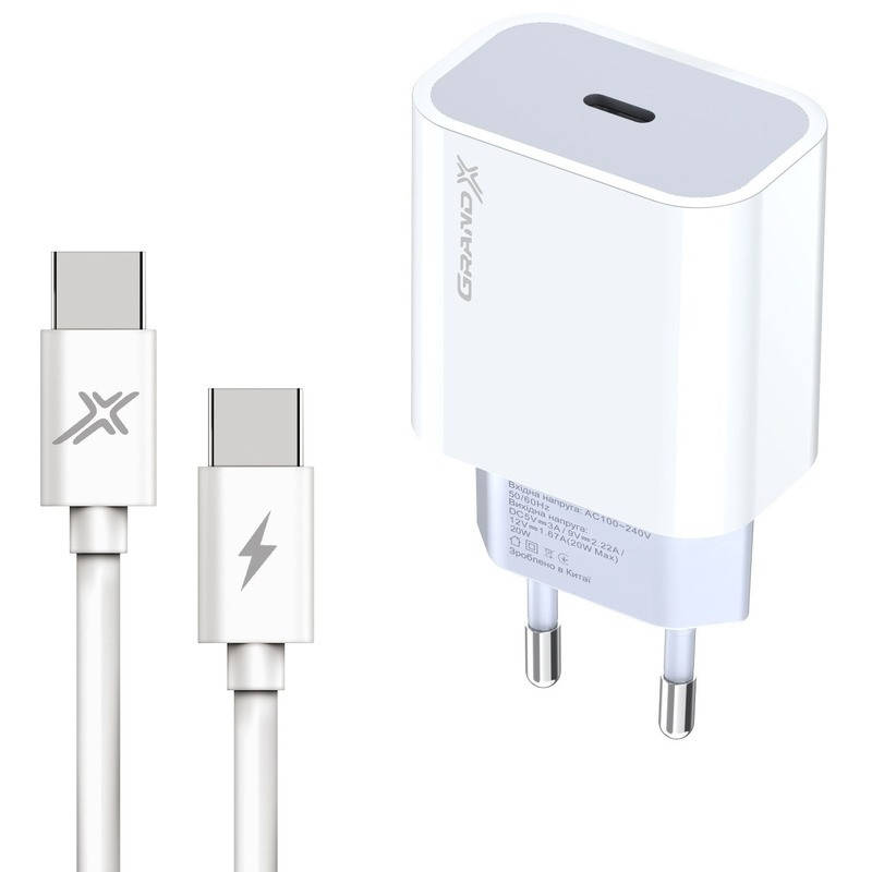 

Зарядное устройство Grand-X USB-C 3A 20W PD3.0 QC4.0 + cable Type-C White (CH-770C), Белый