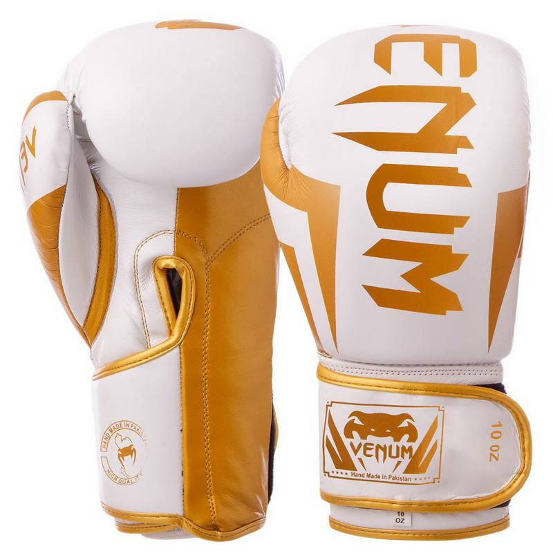 

Кожаные перчатки боксерские (р-р 10,12 oz) Venum ELITE VL-8291 белый-золотой