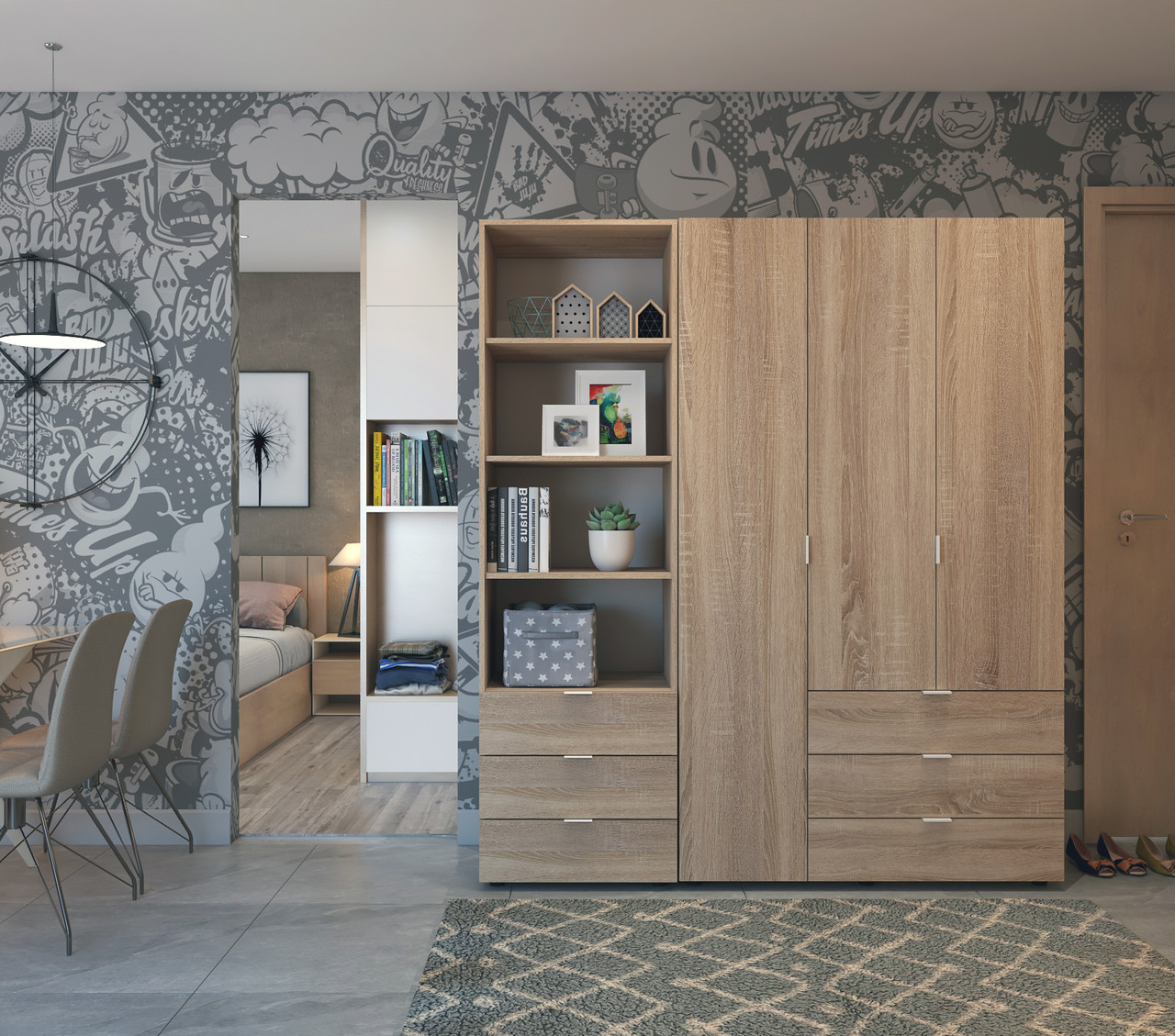 Шафа для одягу Doros Гелар Дуб сонома 3+3ДСП з пеналом 292.4х49.5х203.4 (42005184) 2