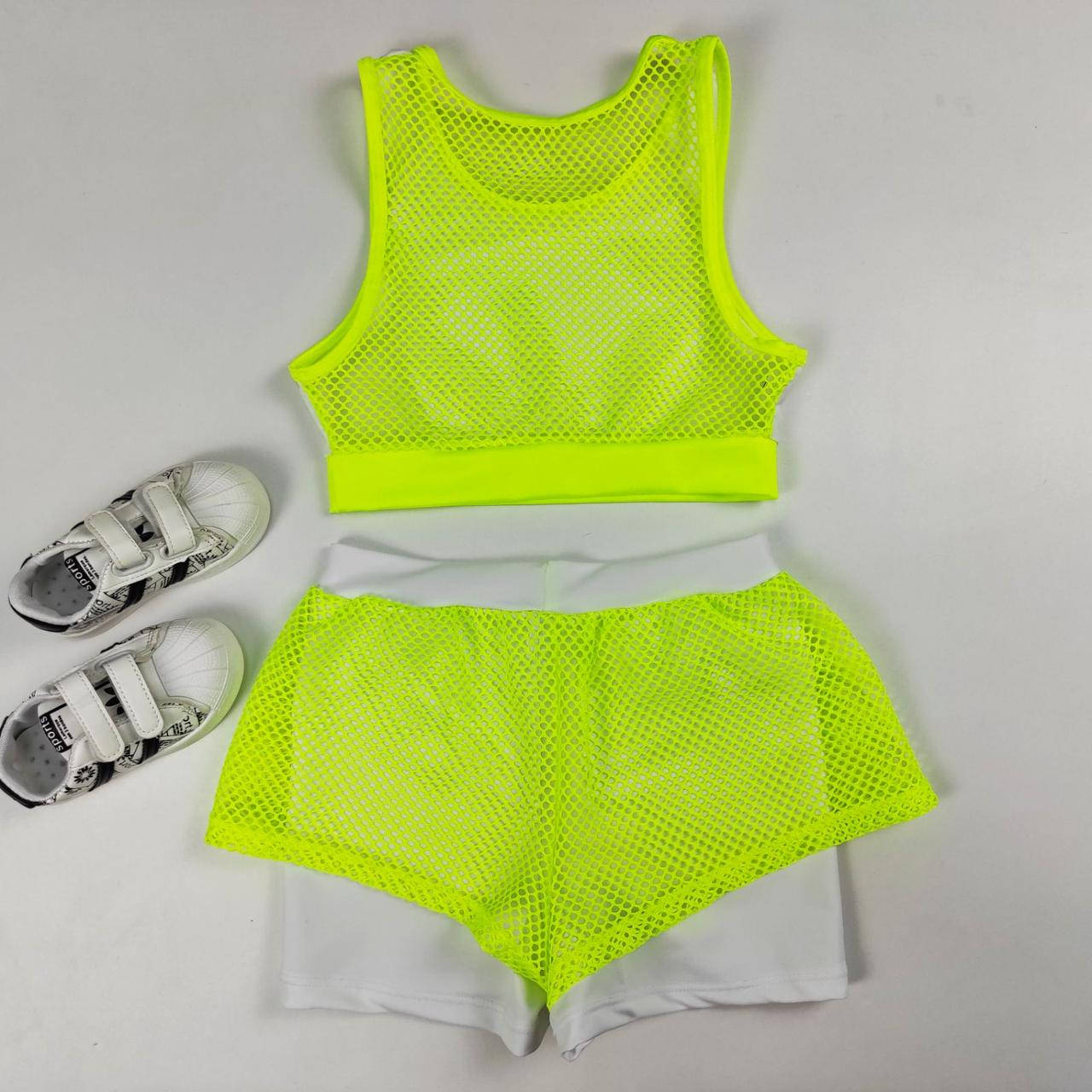 

Комплект для занятий на пилоне топ и двойные шорты с сеткой лимонный с белым Жасмин р. 104-170 р. 26-44 36-44, Белый