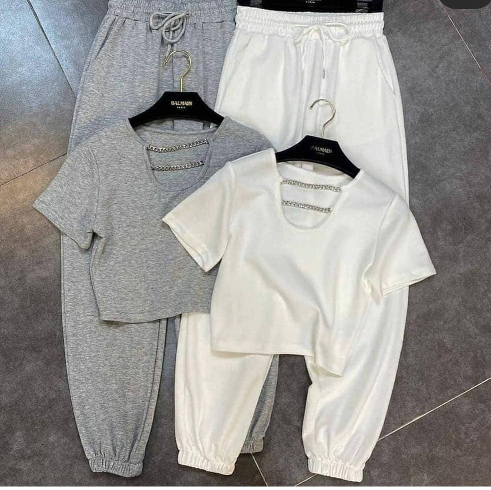 

Женский летний костюм из двунитки Штаны на высокой посадке и топ-футболка с цепочками 48, Белый