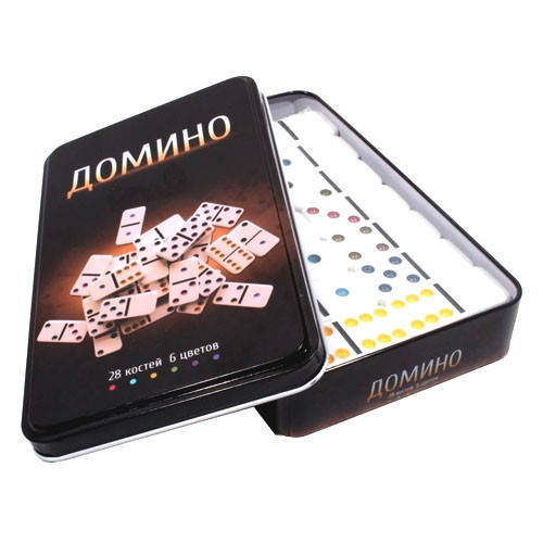 

Настольная игра Домино, 28 костей, 6 цветов, металлический бокс