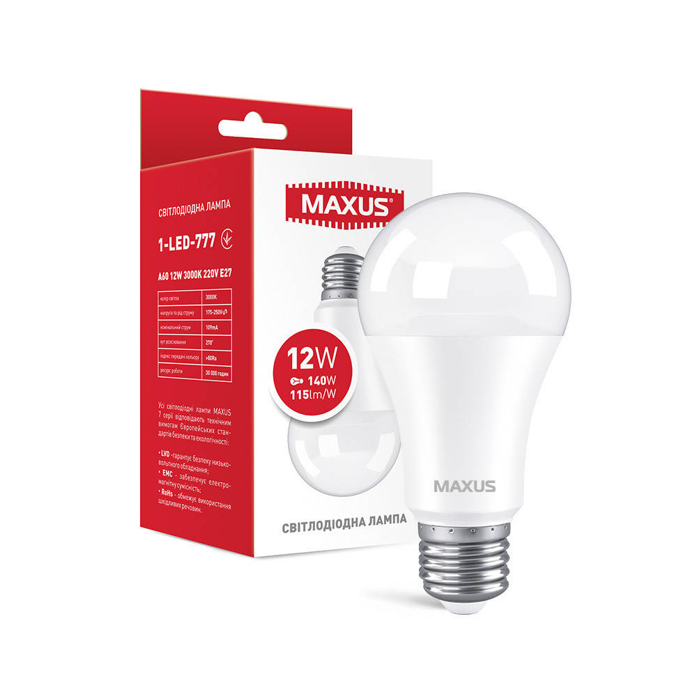 

LED лампа MAXUSA60 12W 3000K 220V E27 (1-LED-777)