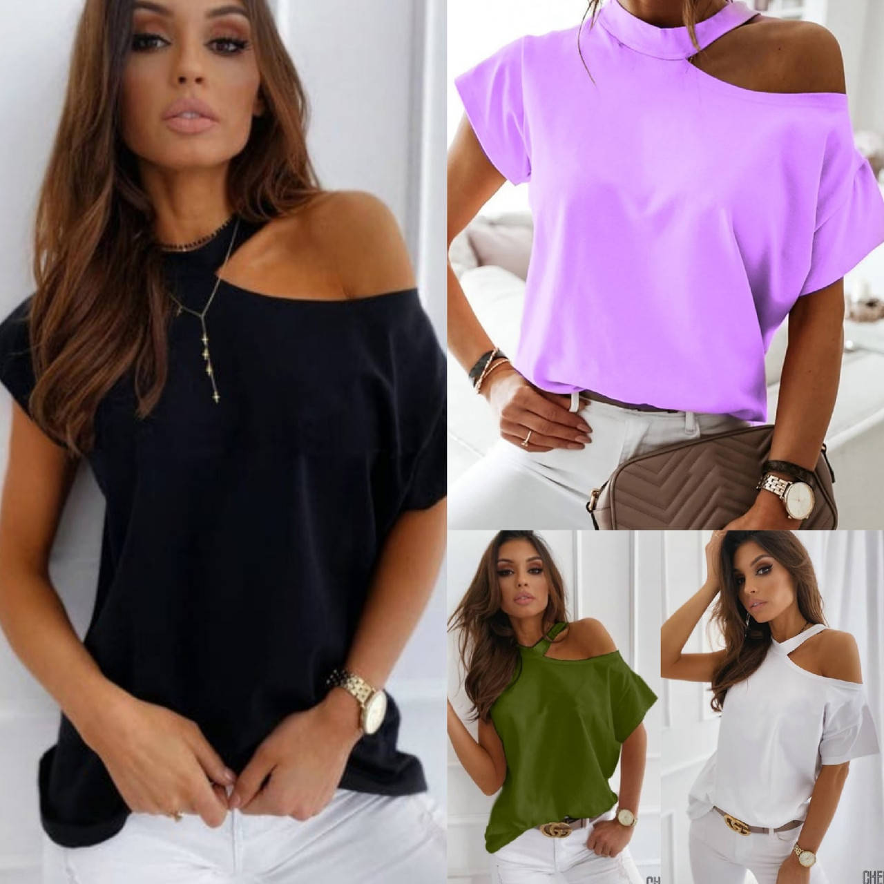 

Футболка женская, модная, с открытым плечем и чекером, свободная, хлопок, oversize, 4 цвета