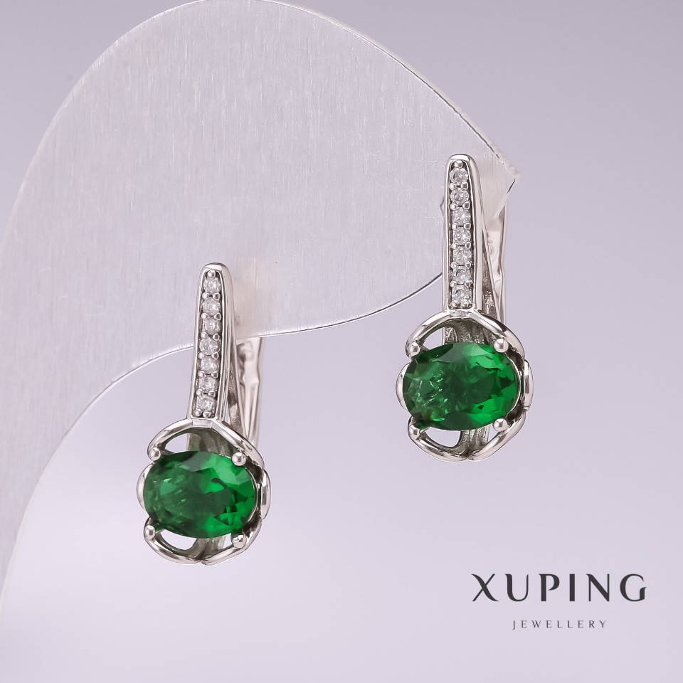 

Серьги Xuping родий с зелеными камнями и белыми стразами 20х10мм