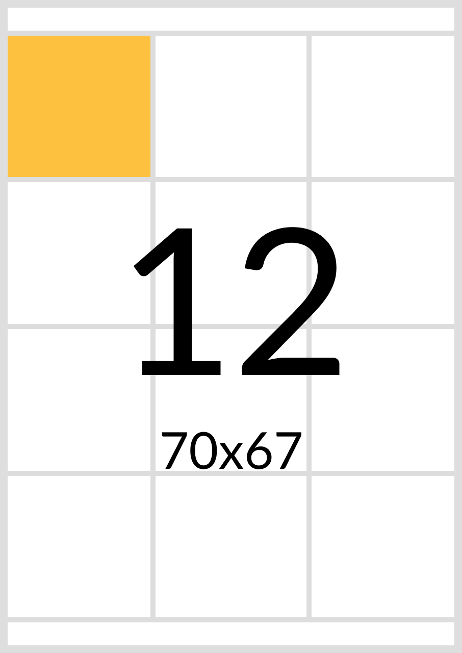 

Самоклеящаяся бумага А4 (матовая) - 12 этикеток на листе. Размер: 70х67 мм., Белый