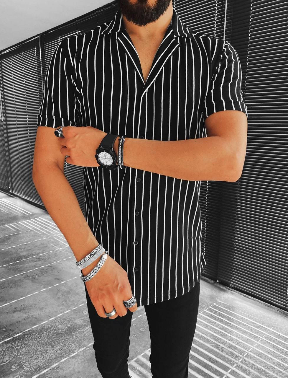 

Мужская стильная летняя рубашка (черная) в полоску, Черный