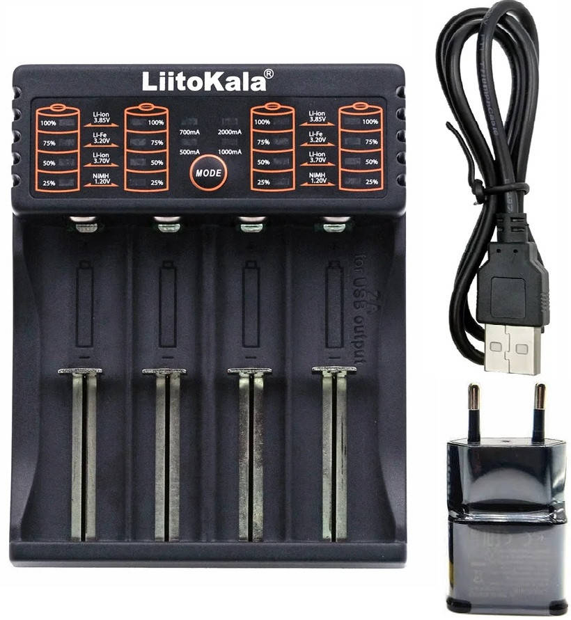 

LiitoKala Lii-402 универсальное зарядное устройство для AA, AAA, 18650, 26650 аккумуляторов с USB адаптером.