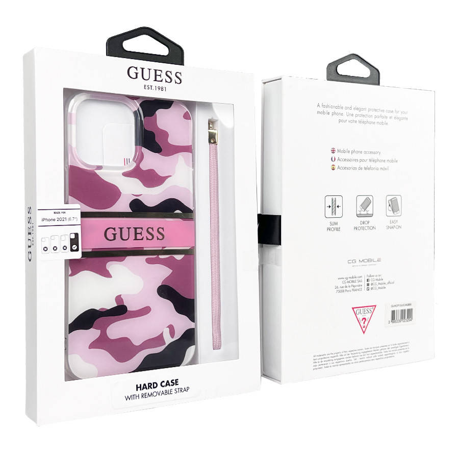 

Чехол Guess Iphone 13 Pro (Original EST.1981) (pink marble with strap), Розовый