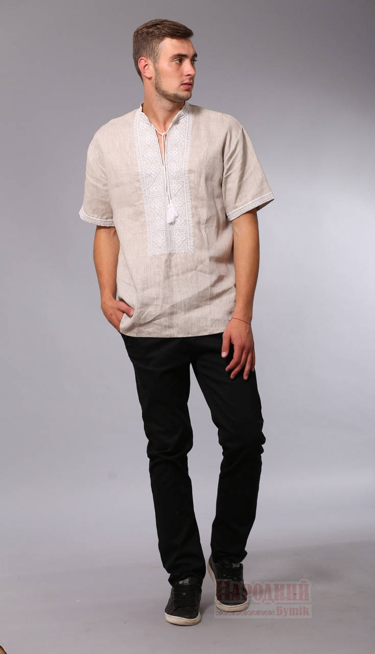 

Мужская вышитая сорочка с коротким рукавом, бежевый лен